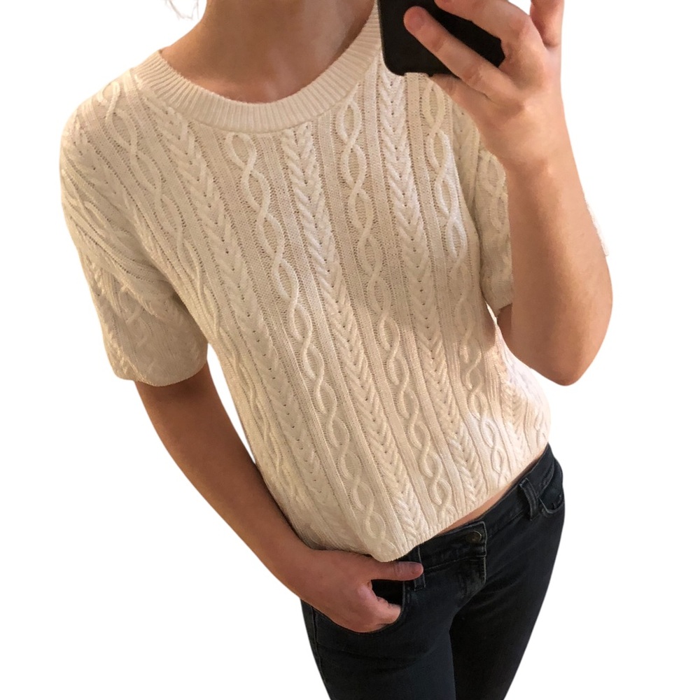 Vintage cable knit light weight white sweater pullover short sleeve tee shirt